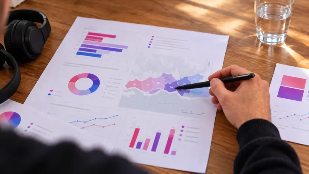 Gráficos e información de Focus Research en una pantalla de trabajo